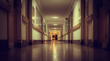 A long hospital hallway with glowing ceiling lights, creating depth and a cool-toned atmospheric effect.