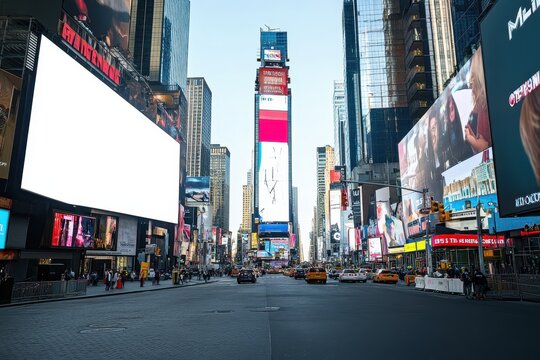Times Square aerial view with billboard mockup showing white screen on city tower, blank advertising board in New York skyline, urban billboard city scene with skyscrapers and traffic below