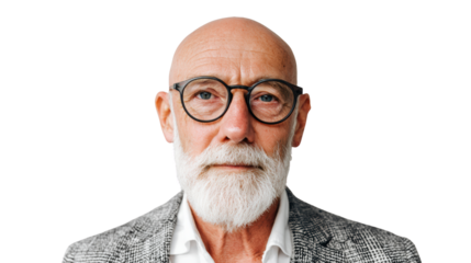 Confident elderly man with glasses and a beard, against a white isolated background.