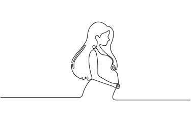 continuous one line drawing of happy pregnant woman  Pregnant woman single continuous line art. Medicine health care pregnancy healthy., 