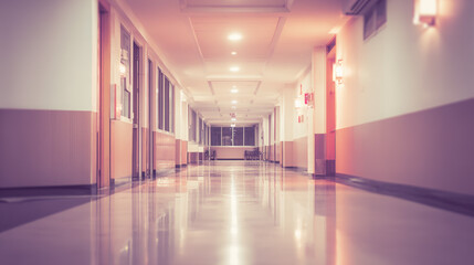 A long hospital hallway with glowing ceiling lights, creating depth and a cool-toned atmospheric effect.