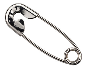 Realistic open safety pin with metallic shine, isolated on a transparent background