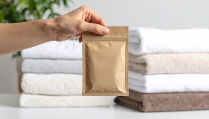Minimalist presentation of eco-friendly packaging near stacked soft bath towels