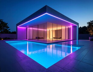 Modern house with illuminated pool at night