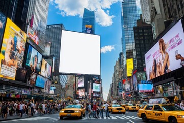 Times Square billboard mockup in NYC with clean white display, perfect blank canvas for commercial ad design in busy urban setting