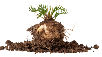 Dandelion root with dirt, isolated on white background, showcasing the plant and its growth.
