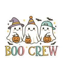 Fototapeta premium Boo Crew - Spooky Season T-shirt Vector, Funny Halloween Illustration, Cute Ghost Clipart, Halloween Ghoul Design, Humor Sayings 