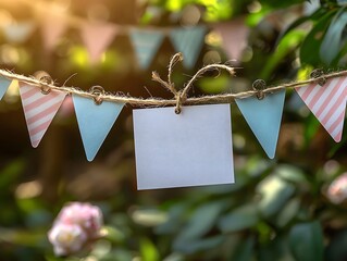 Blank white gift card clipped to a string of festive bunting flags