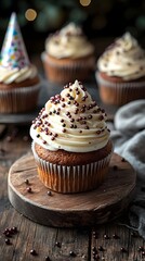 Delectable Birthday Cupcakes on a Rustic Wooden Table