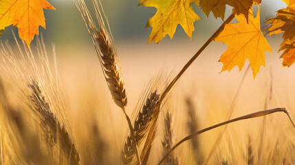 Golden wheat sheaves intertwined with maple leaves, capturing the balance of the autumnal equinox.