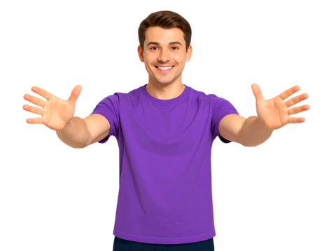 A happy man in a purple t-shirt, smiling and reaching out with his hands towards the - Powered by Adobe