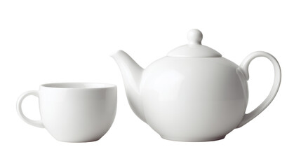 Elegant white teapot and cup set on a clean background, perfect for tea lovers and cozy gatherings.