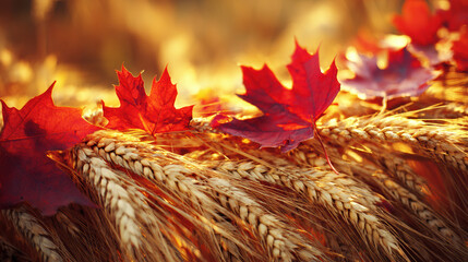 Golden wheat sheaves intertwined with maple leaves, capturing the balance of the autumnal equinox.