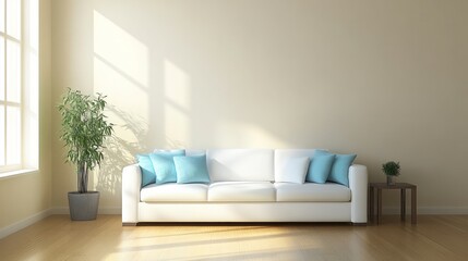 A sunlit living room interior with a white couch and teal pillows.