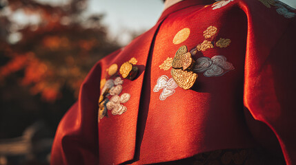 Vibrant hanbok fabric with celestial embroidery against softly blurred autumn foliage.