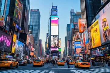 Clean white billboard mockup placed on a building in Times Square NYC, blank vertical screen in high-rise city setting for outdoor ad design