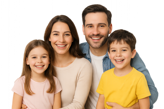 Happy family portrait with smiling parents and kids.  isolated transparent on white background. png die-cut for advertising