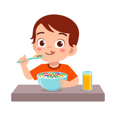 Young Boy Eating Cereal with Orange Juice on Table with Happy Expression Cartoon Illustration