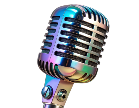 Tilted Retro Microphone with Holographic Shine, Floating without Stand, Isolated on Transparent