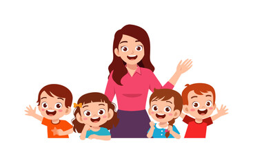 Happy Teacher with Cheerful Diverse Children Waving Hands in an Educational Setting Illustration