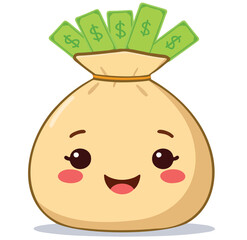 Cute Money Bag with Flying Cash and Coins, Cartoon Style Vector for Finance and Savings Concept.