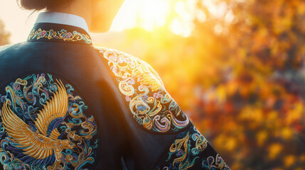 Vibrant hanbok fabric with celestial embroidery against softly blurred autumn foliage.