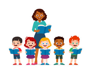 Happy diverse children and teacher reading books together in a classroom illustration