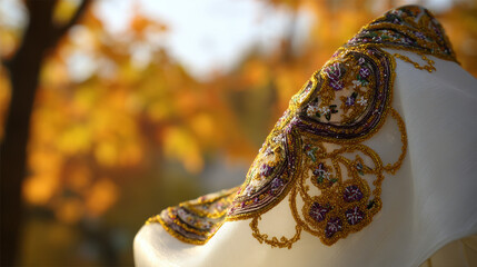 Vibrant hanbok fabric with celestial embroidery against softly blurred autumn foliage.