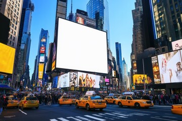 Times Square NYC white billboard mockup on city street, blank vertical display in urban environment surrounded by tall glass buildings and traffic