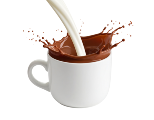 Minimalist Hot Chocolate Mug with Splash Effect and Milk Pouring, Isolated on White