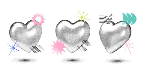 Set of grainy black halftone 3d chrome hearts with abstract retro elements. Stipple shading, effect, colorful design shapes with grainy texture. Vector isolated elements for banner, poster etc.