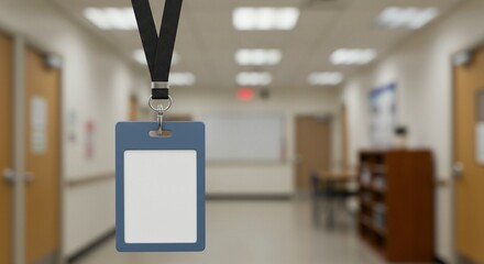 A blank identity badge hangs in front of a blurred hallway, suggesting a setting like a school or office building.