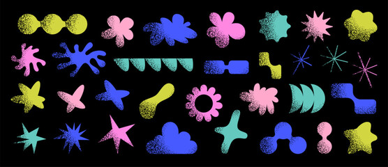 Set of creative design elements, bright colorful abstract shapes, stars, arrows, flowers, etc. Grainy noise, retro texture. Bold decoration for modern graphic projects, posters, covers, banners.