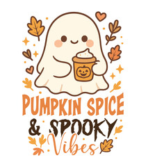 Fototapeta premium Pumpkin Spice And Spooky Vibes - Spooky Season T-shirt Vector, Funny Halloween Illustration, Cute Ghost Clipart, Halloween Ghoul Design, Humor Sayings 