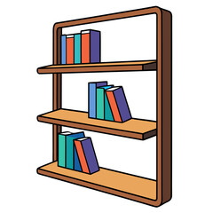 Flat design of a wooden wall mounted bookshelf with three shelves isolated on white background