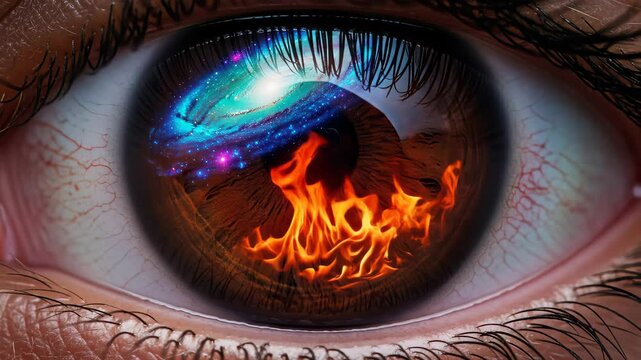 Close Up of Brown Eye Reflecting Fire and Galaxy