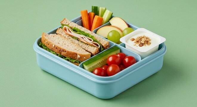 A healthy lunchbox is filled with a sandwich, yogurt, veggies, and fruit. This colorful meal is perfect for kids and adults.