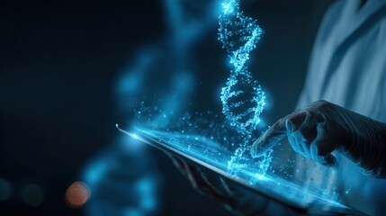 Gloved hand interacts with a digital DNA strand on a tablet genetics science