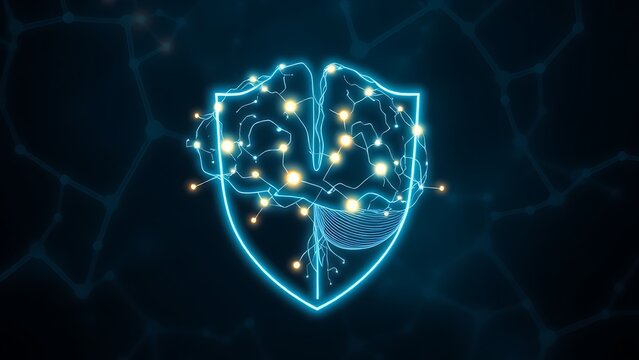 A glowing neuron network forming a protective shield around an abstract brain silhouette with vegetable-shaped constellations.