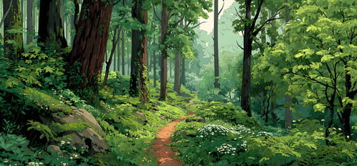 Fototapeta premium Dirt forest trail is winding through flat design woodland, with vines, moss, ferns, leafy canopy