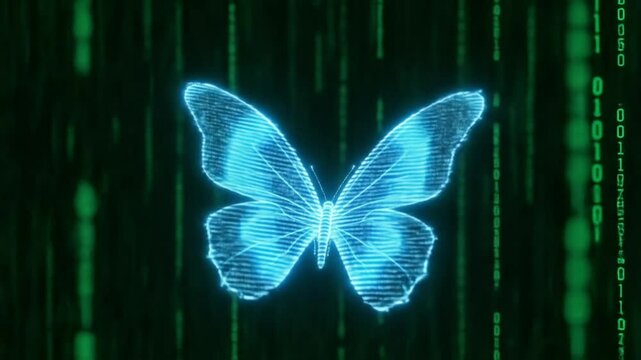 A glowing blue butterfly, digitally rendered, is set against a backdrop of binary code.