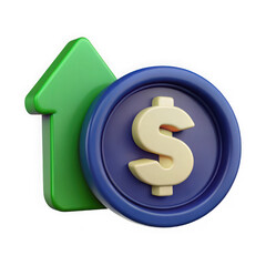 Obraz premium Green upward arrow symbolizing financial growth next to dollar coin isolated on transparent background 
