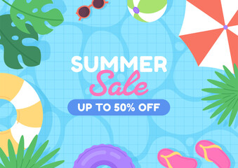 Summer seasonal sale banner. Water pool top view background with inflatable rings, slippers, sunglasses, tropical plants. Discount time vector poster
