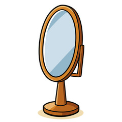 Modern standing mirror with a rounded wooden frame isolated on white background