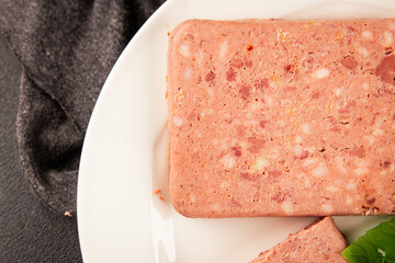 Pate meat peppers pork liver, pork meat riyet fresh delicious gourmet food background on the table rustic food top view copy space