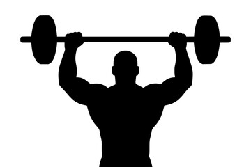 Silhouette of a weightlifter raising a barbell against a white background