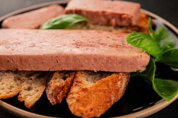 Pate meat peppers pork liver, pork meat riyet fresh delicious gourmet food background on the table...