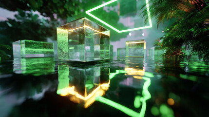 Reflective transparent green cubes floating on a dark water surface in a futuristic forest setting