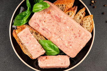 Pate meat peppers pork liver, pork meat riyet fresh delicious gourmet food background on the table...