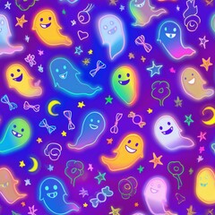 Seamless Colorful Halloween Pattern with Smiling Ghosts and Candy